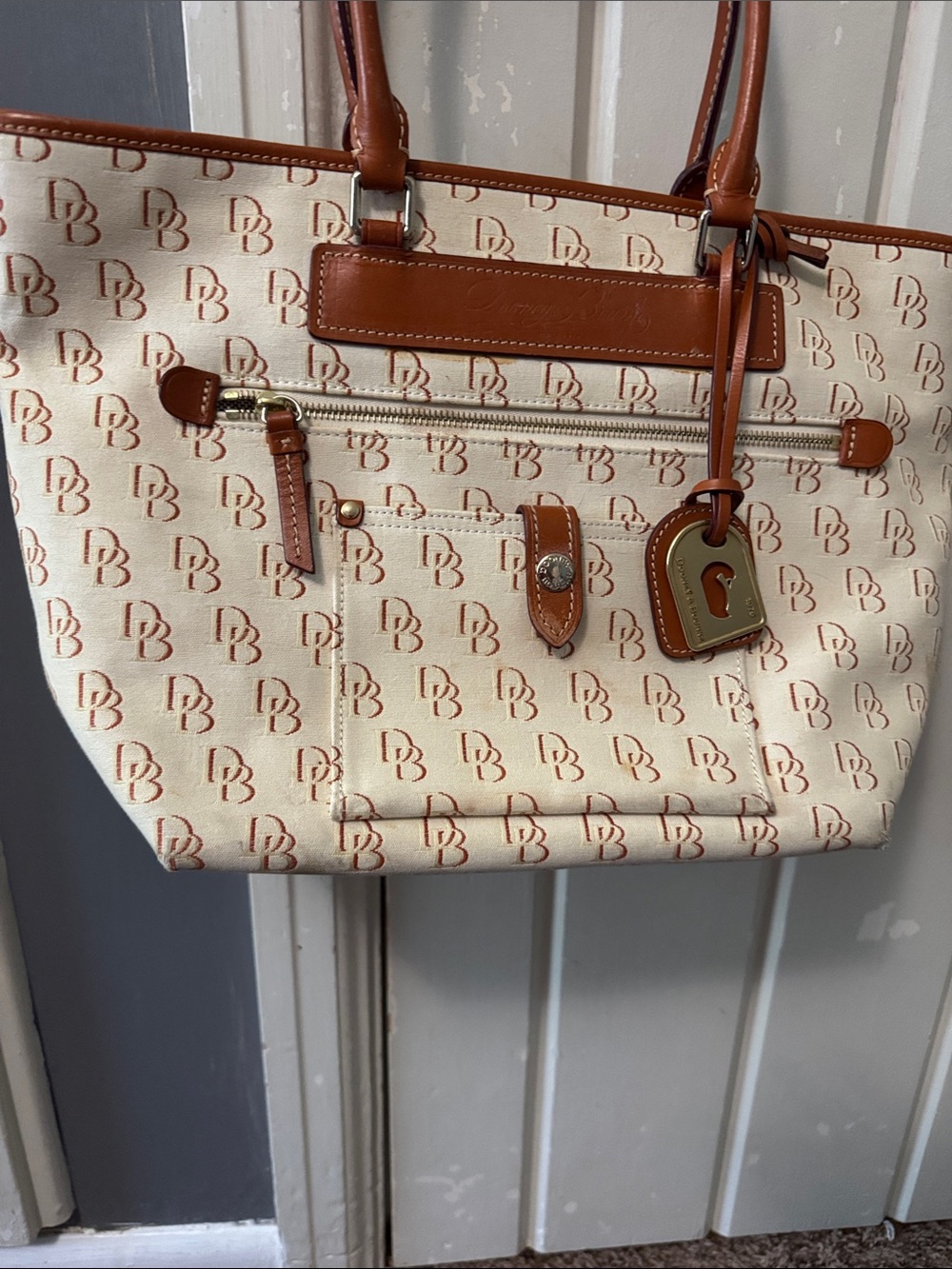 TEMPORARY PRICE Dooney and Bourke Canvas Handbag with Tan Leather Trim